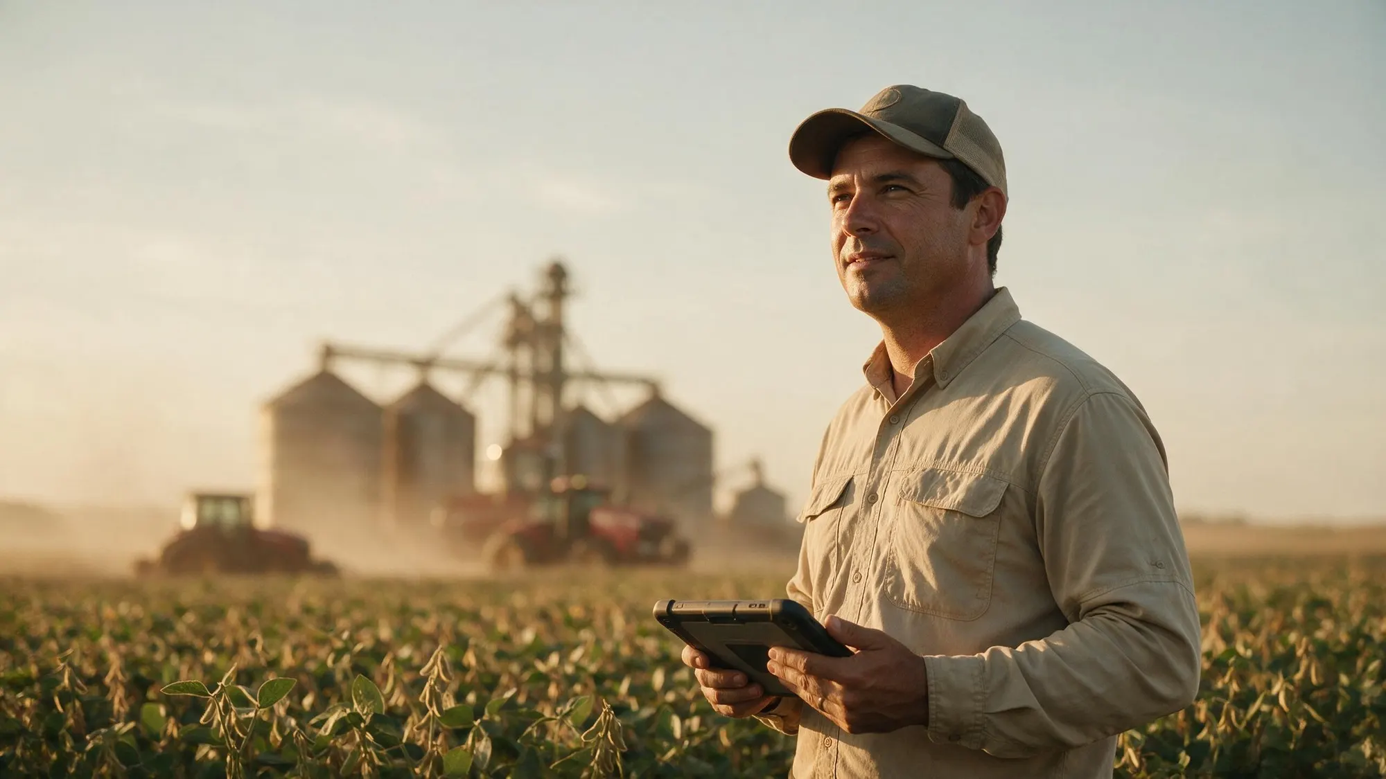 Técnico de campo de uma cooperativa agropecuária com um tablet na lavoura de soja ao fim da tarde, com silos ao fundo.