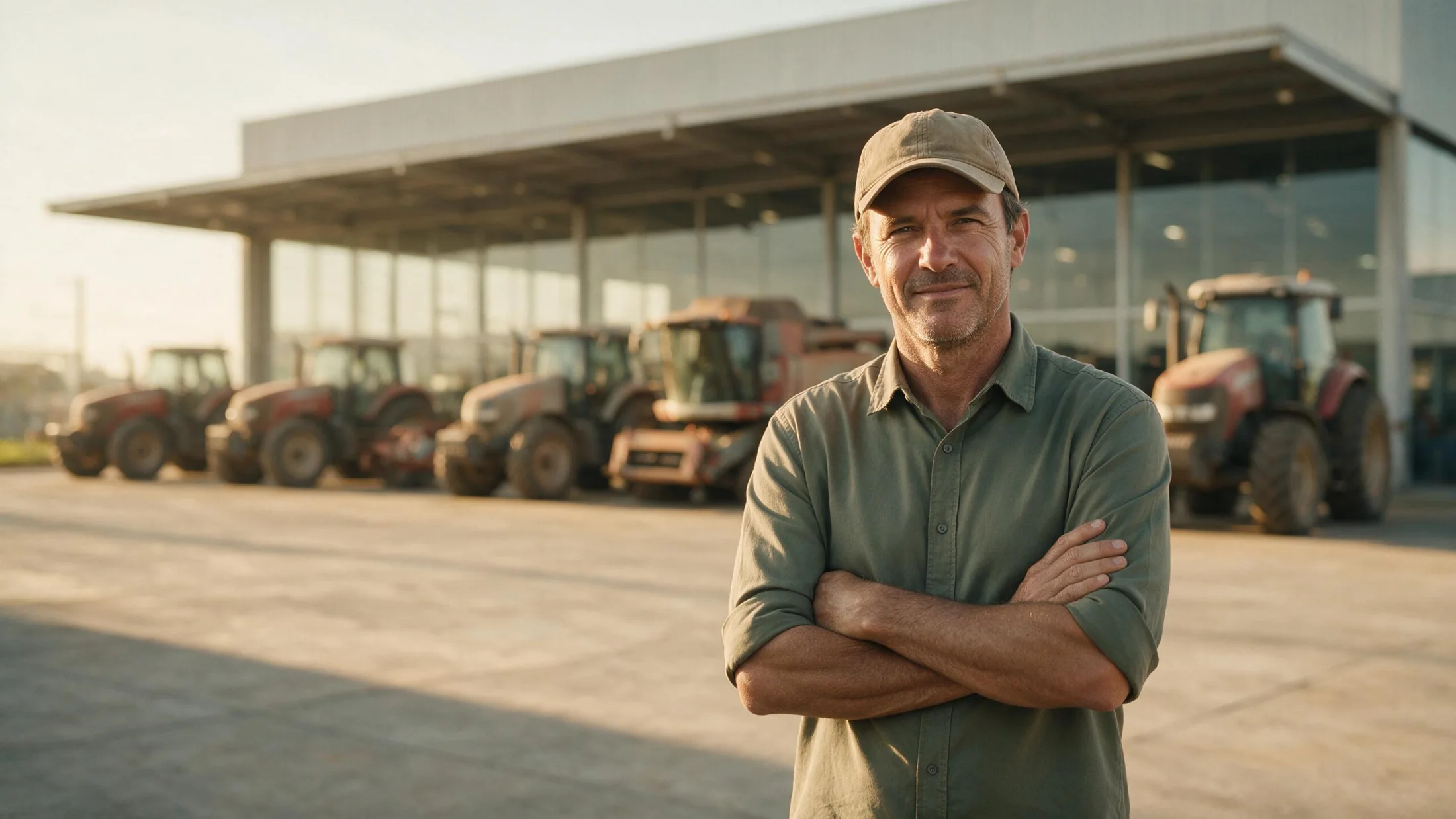 Dono de uma revenda de máquinas agrícolas de boné, de braços cruzados em frente ao showroom, com tratores e uma colheitadeira em fila ao fundo no fim da tarde.