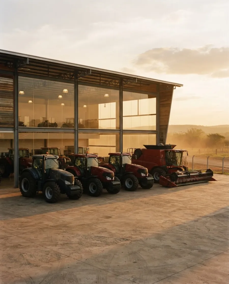 Pátio de uma revenda de máquinas agrícolas no fim da tarde: tratores e uma colheitadeira em fila na frente do showroom de vidro.